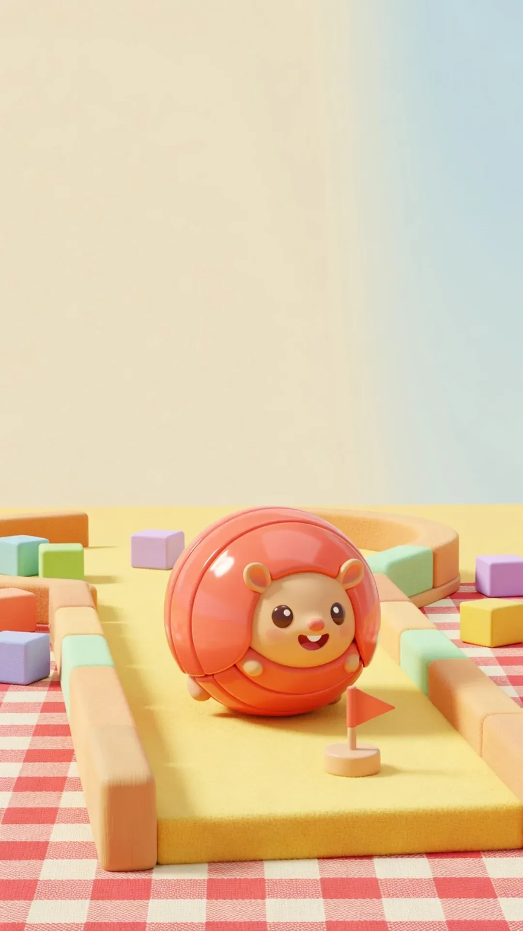 Bix the armadillo, curled into a coral ball, waits on a felt putting block in a sunny playroom